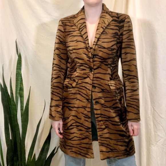 Vintage Y2K Stone Ridge Faux Fur Velvet Tiger Print Button Front Long Coat - Picture 1 of 16